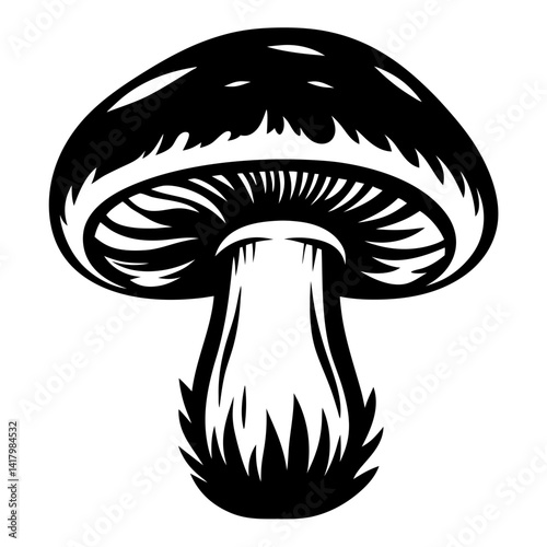 A bold black and white illustration of a striking mushroom design