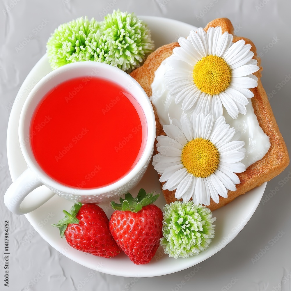 Still Life Featuring Red Beverage Strawberries Toast with White Cream and Green Pompoms Still Life Featuring Red Beverage Strawberries Toast with White Cream and Green Pompoms