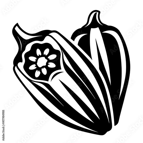 A striking black and white illustration of two bell peppers cut open