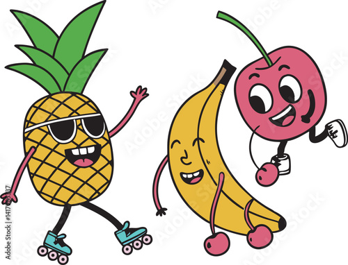 Funny Roller Skating Fruit Characters – Pineapple, Banana & Cherry Clipart