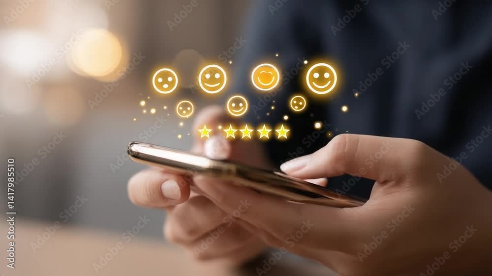 User interacts with a smartphone, expressing feedback through smiley faces and star ratings, in a warm and inviting indoor atmosphere during the evening