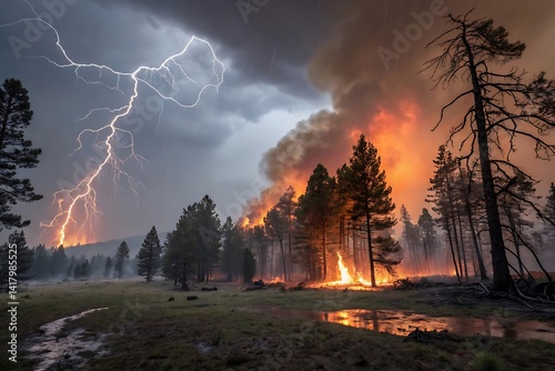 A forest fire igniting after lightning strikes during a summer storm, dramatic realism