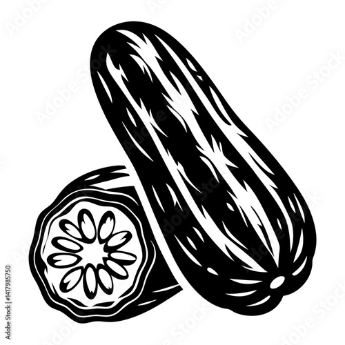 Graphic image of a whole zucchini and a zucchini cut in half