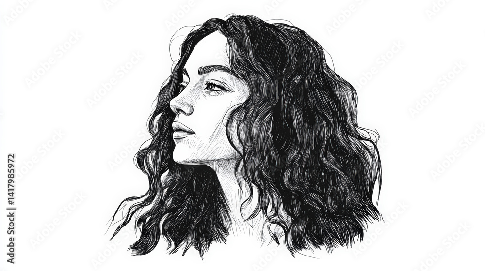 Fototapeta premium Elegant Woman's Artistic Portrait. A beautiful artistic sketch of a woman with wavy hair. The woman is looking thoughtfully off to the side in this black and white drawing.