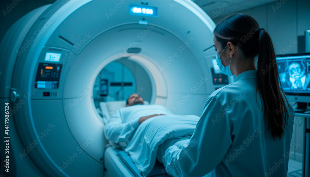 patient undergoing examination using advanced medical technology MRI, CT or PET scan with healthcare worker performing examination procedure