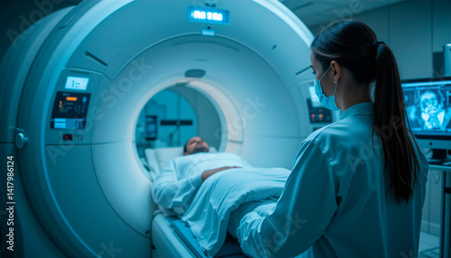 Obraz na płótnie patient undergoing examination using advanced medical technology MRI, CT or PET scan with healthcare worker performing examination procedure w salonie