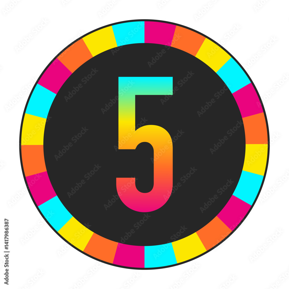 Rainbow Gradient number “5” on Light Background with Multicolor Circle Frame, enclosed in a black frame.