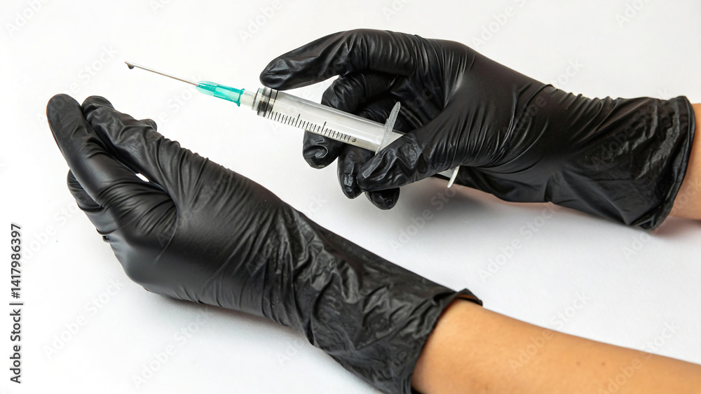close up of medical worker hands holding syringe ready for injection isolated on white background