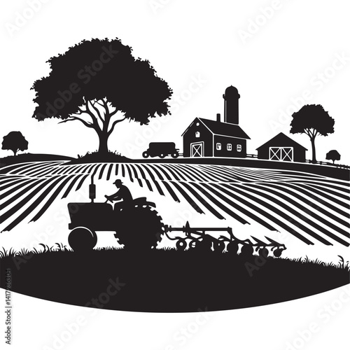 Farm Scene with Tractor Silhouette Vector Illustration Landscape