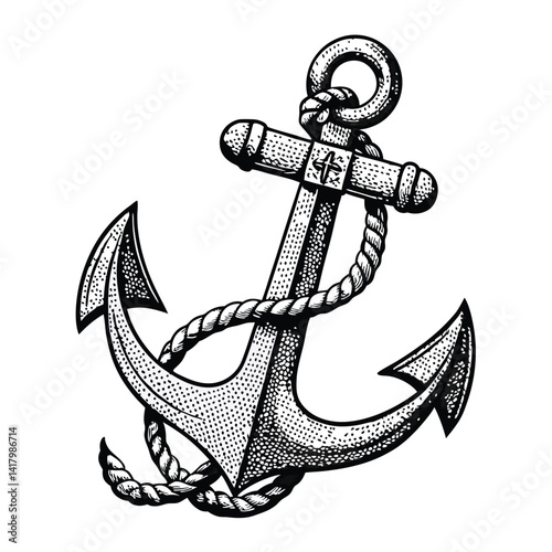 Monochromatic line-art anchor illustration – detailed nautical design with rope texture and stippled shading, featuring a classic maritime symbol in flat vector style for print and digital use