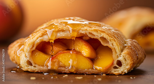 Delicious Peach Turnover With Caramel Drizzling On A Wooden Counter