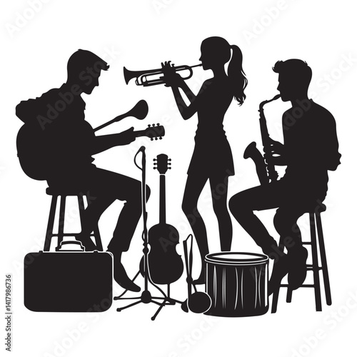 Jazz Band Silhouette Musicians Playing Instruments Vector Art Illustration