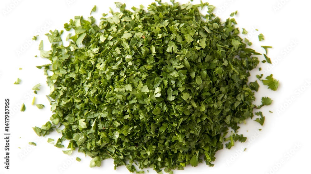 A generous pile of finely chopped fresh cilantro, vibrant green and finely textured, is isolated on a white background. Perfect for culinary or health-related content. A generous pile of finely chopped fresh cilantro, vibrant green and finely textured, is isolated on a white background. Perfect for culinary or health-related content.