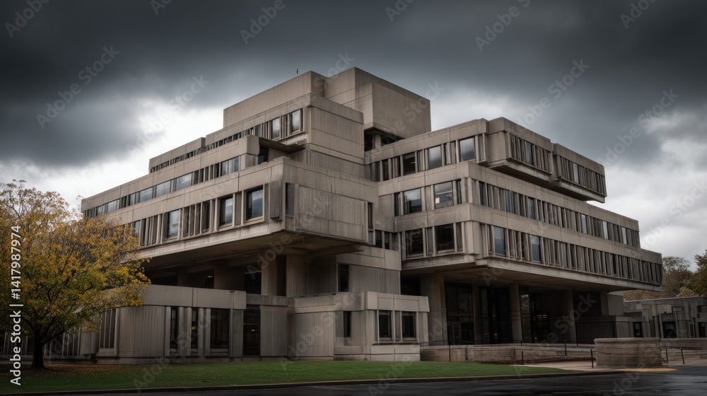Fototapeta premium Concrete building under a stormy sky