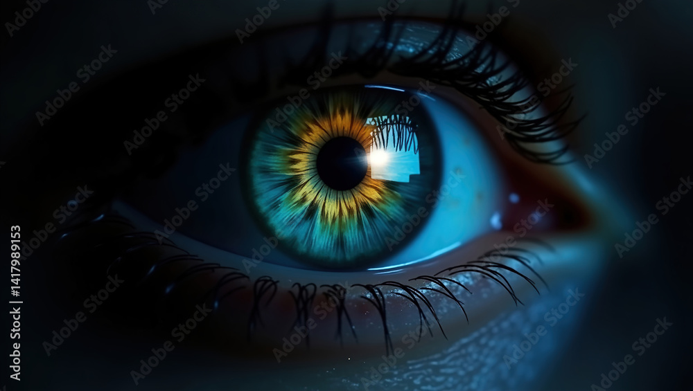 close-up pupil of woman's eye glows in darkness, creative colorful bright