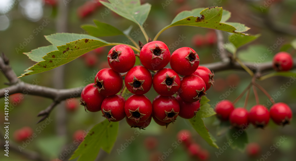 Vibrant Hawthorn Berries Ripening on Branch in Autumnal Light Vibrant Hawthorn Berries Ripening on Branch in Autumnal Light