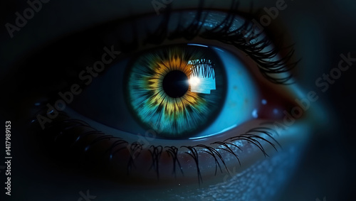 Obraz na płótnie close-up pupil of woman's eye glows in darkness, creative colorful bright
w salonie