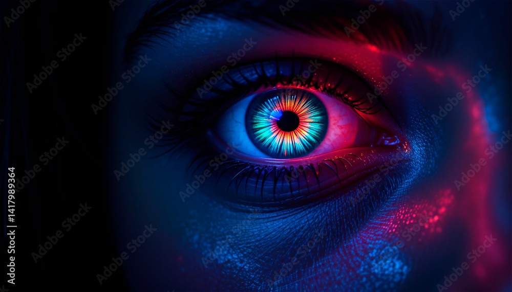 close-up pupil of woman's eye glows in darkness, creative colorful bright