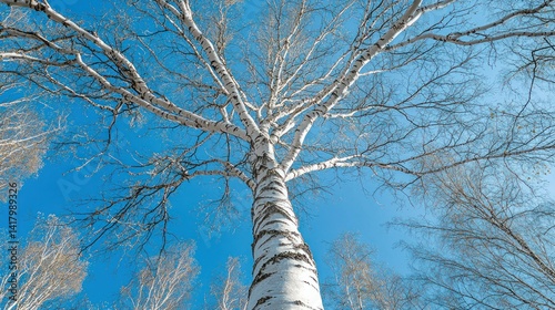 Winter Birch Tree Canopy Against a Clear Blue Sky photo