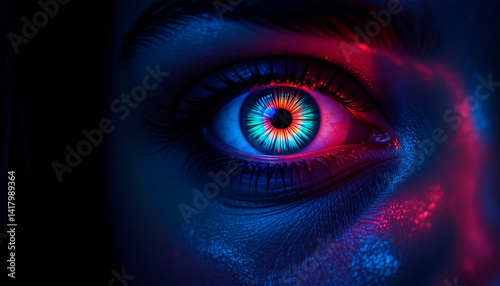 Obraz na płótnie close-up pupil of woman's eye glows in darkness, creative colorful bright
w salonie