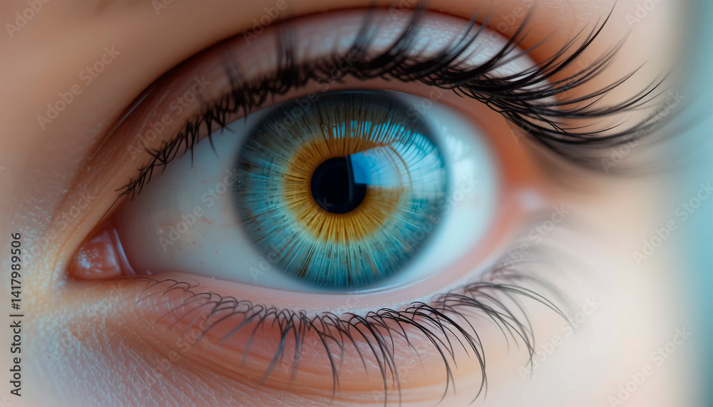 close-up pupil of woman's eye glows in darkness, creative colorful bright