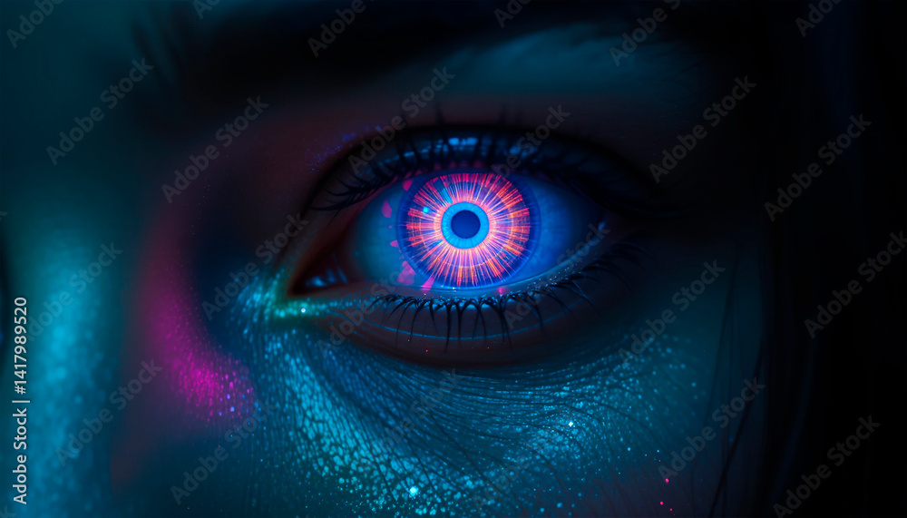 close-up pupil of woman's eye glows in darkness, creative colorful bright