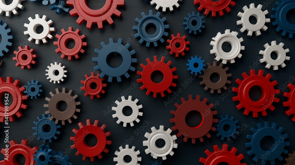 Interlocking gears symbolize teamwork collaboration and intricate systems showcasing vibrant red white and blue cogs against a deep navy background Precisely crafted 3D render with detailed Interlocking gears symbolize teamwork collaboration and intricate systems showcasing vibrant red white and blue cogs against a deep navy background Precisely crafted 3D render with detailed