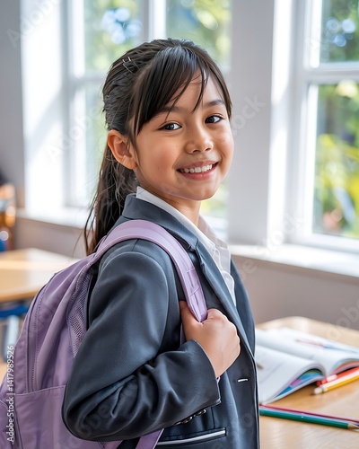 school bag, girl, elementary school student, enrollment, entrance ceremony, graduation ceremony, smile, female, child, growth, education, learning, studying, private, exam, copy space, advertisement, 