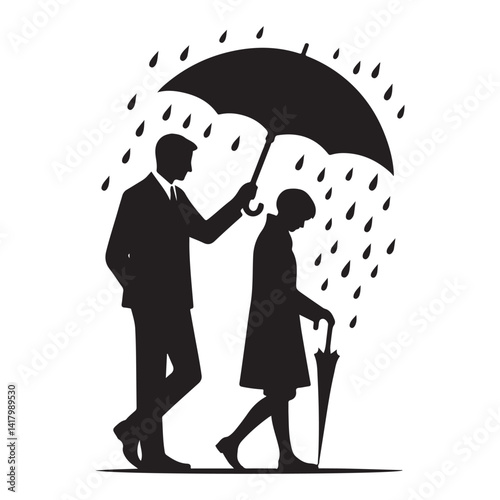 Silhouette of gentleman offering umbrella to lady in the rain illustration