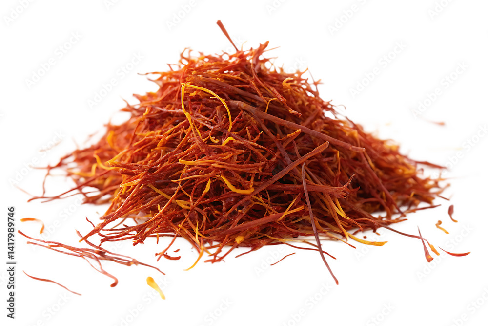 Fototapeta premium Pile of bright red saffron threads isolated on White background for culinary use PNG