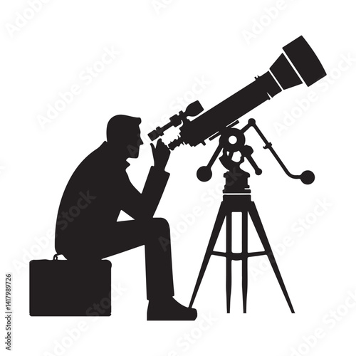 Astronomer silhouette vector illustration using telescope for observing stars