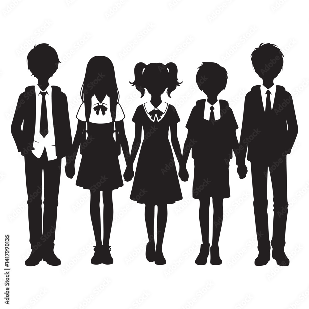 Silhouette of Diverse School Students Holding Hands Vector Illustration Silhouette of Diverse School Students Holding Hands Vector Illustration