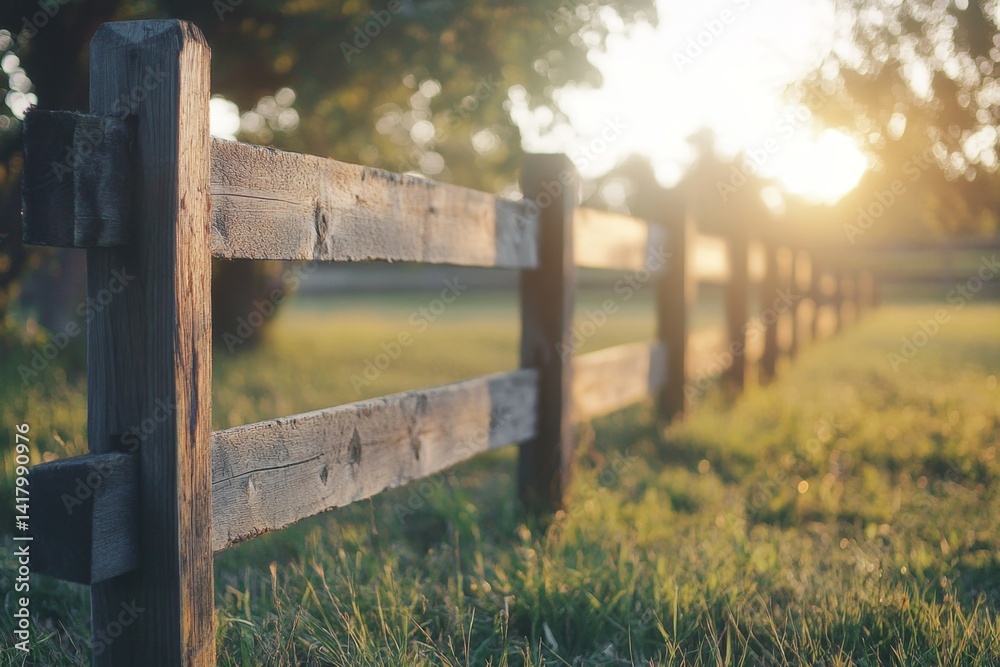 Rustic wooden fence at sunset, grassy field Rustic wooden fence at sunset, grassy field