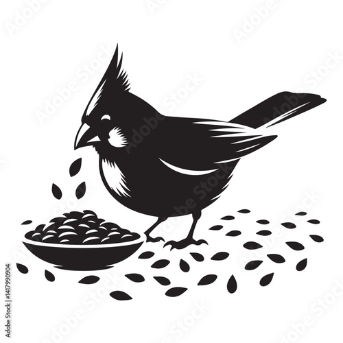 Silhouette cardinal bird eating seeds vector illustration wildlife nature