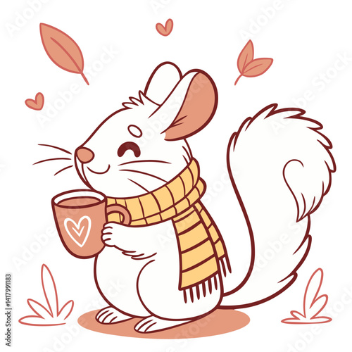 fluffy chinchilla with a scarf, holding a teacup, cozy vector illustration, pastel warm tones, minimalistic, clean cute style