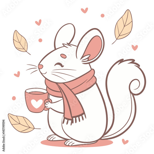 fluffy chinchilla with a scarf, holding a teacup, cozy vector illustration, pastel warm tones, minimalistic, clean cute style