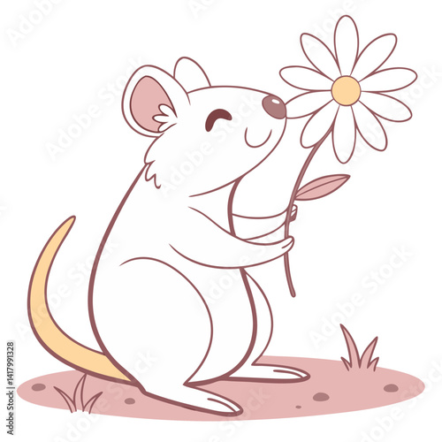 happy quokka holding a daisy, vector, pastel aesthetic, kawaii animal, clean minimal outline, soft shadows