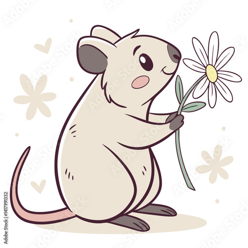 happy quokka holding a daisy, vector, pastel aesthetic, kawaii animal, clean minimal outline, soft shadows