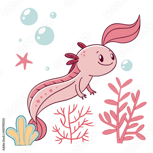 pink axolotl smiling underwater with floating bubbles and coral, vector style, kawaii, round shapes, simple cute illustration for kids