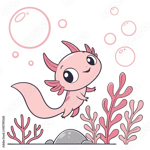 pink axolotl smiling underwater with floating bubbles and coral, vector style, kawaii, round shapes, simple cute illustration for kids