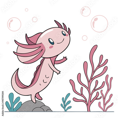 pink axolotl smiling underwater with floating bubbles and coral, vector style, kawaii, round shapes, simple cute illustration for kids
