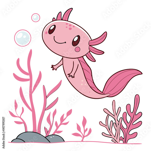 pink axolotl smiling underwater with floating bubbles and coral, vector style, kawaii, round shapes, simple cute illustration for kids