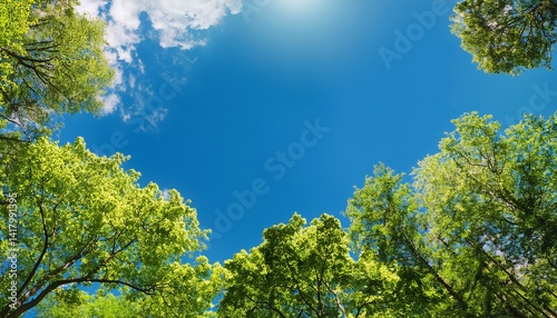 Sunny blue sky with treetops copy space scene