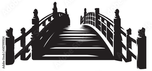 Classic Wooden Bridge Silhouette Over Waterway Tranquil Illustration Art