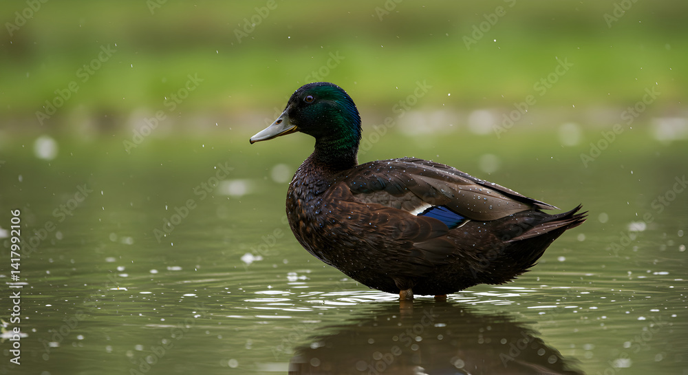 Mallard Duck Standing In Shallow Pond With Greenery Backdrop On A Rainy Day Mallard Duck Standing In Shallow Pond With Greenery Backdrop On A Rainy Day