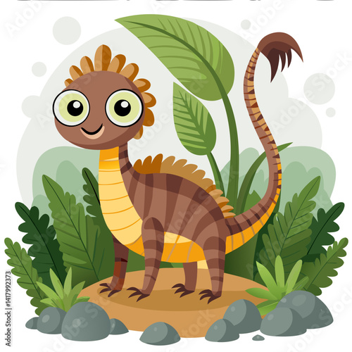 cartoon leptictidium with big eyes and long tail, prehistoric jungle scene, kawaii style, extinct animal vector, simple shapes