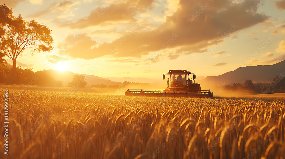 Naklejka premium Harvest at Sunset: Golden field of wheat being harvested by a combine.