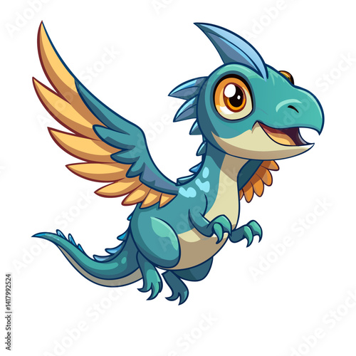 tiny microraptor gliding through sky, cartoon extinct animal, feathered dino, soft color vector, fun cute expression