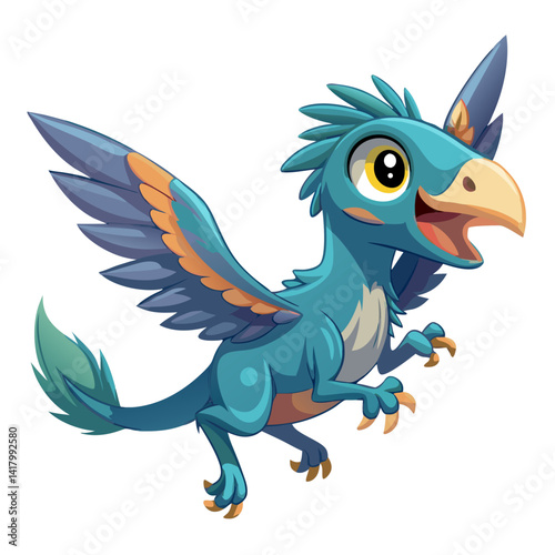 tiny microraptor gliding through sky, cartoon extinct animal, feathered dino, soft color vector, fun cute expression
