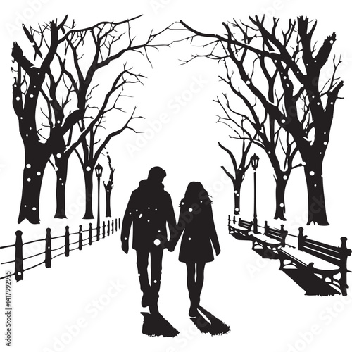 Romantic Couple Walking in Winter Park Silhouette Vector Illustration